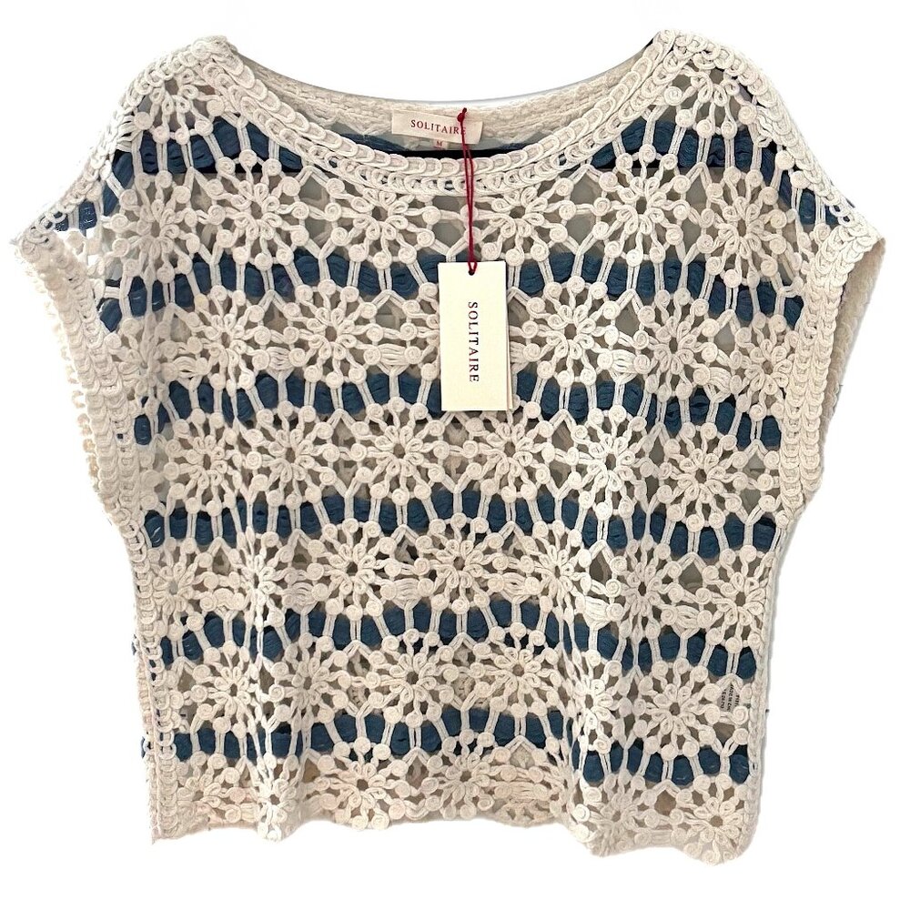 Solitaire Crochet Pullover Top Women's Sz M Round Neck Cap Sleeves Floral NWT - Picture 2 of 10